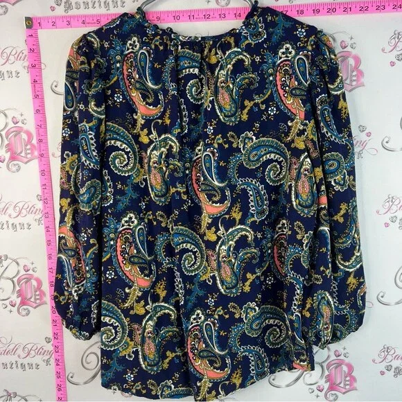 Anne Klein shirt long sleeve Navy Paisley Blouse with Coral and Teal Accents - Picture 2 of 12